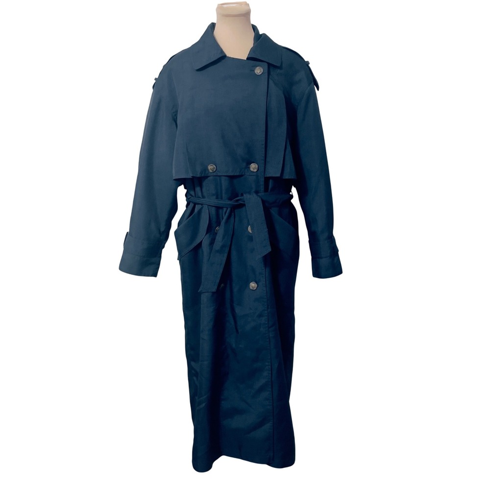 J Gallery Vintage Navy Belted Trench Coat Storm Flap Epaulettes Duster Size 8